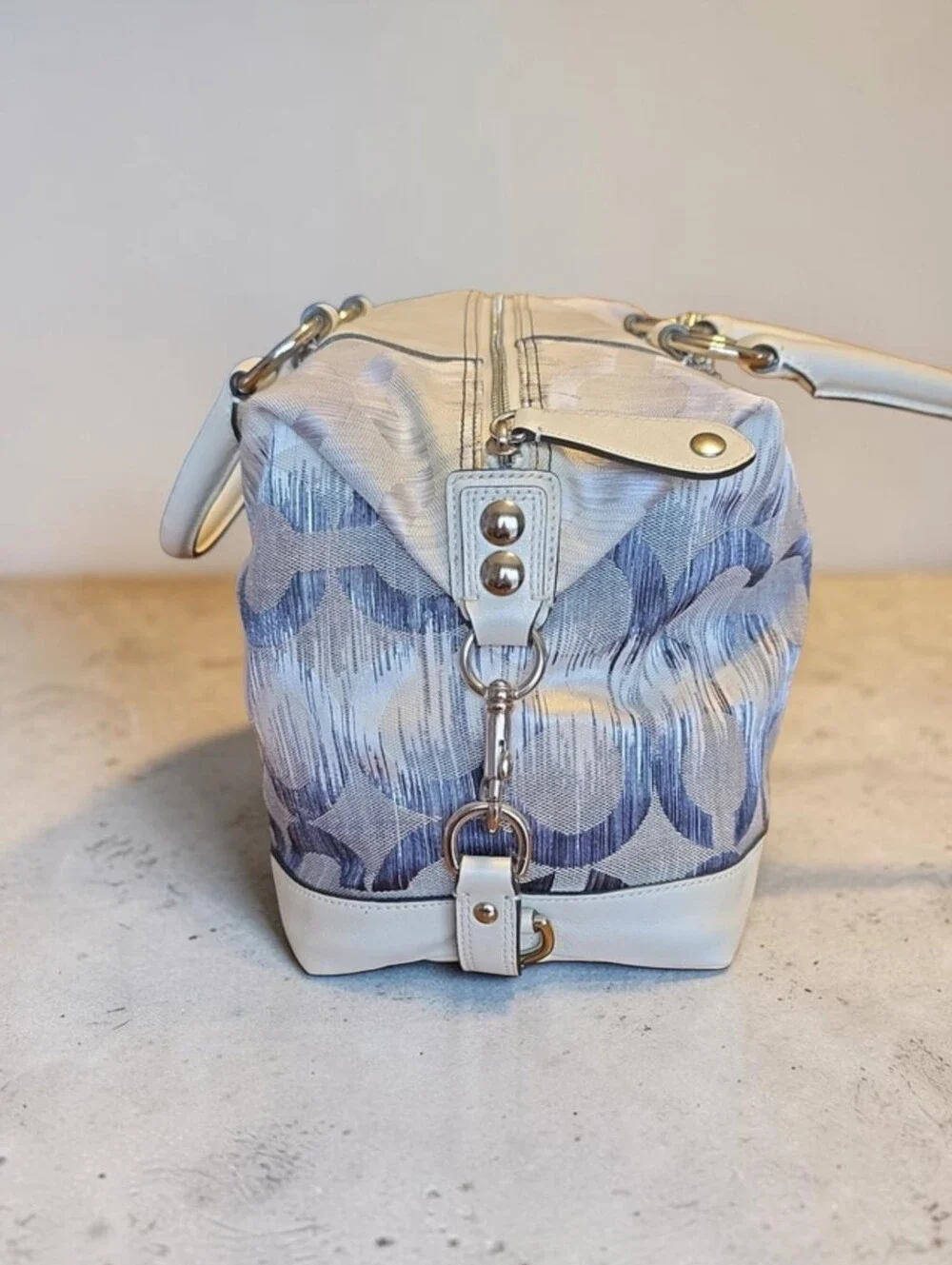 Coach Cream and Gray Signature Satchel with Leather Handles